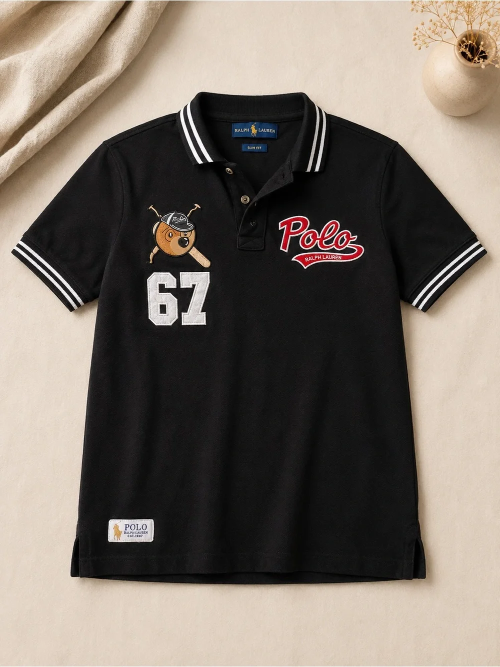 Polo by Ralph Lauren Black Short-Sleeve Polo with White Trim and Red Logo - Picture 1 of 9